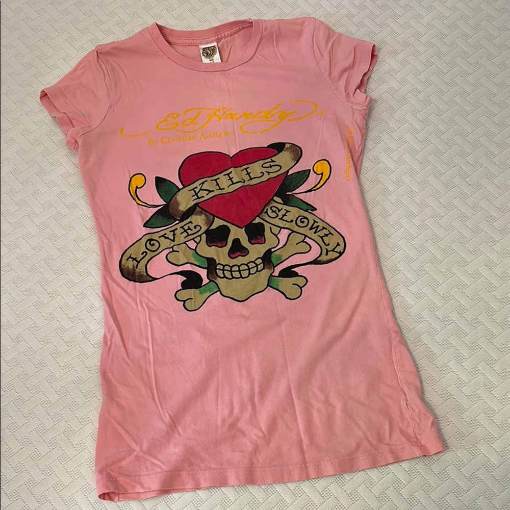 Ed Hardy Pink Skull Graphic Tee
